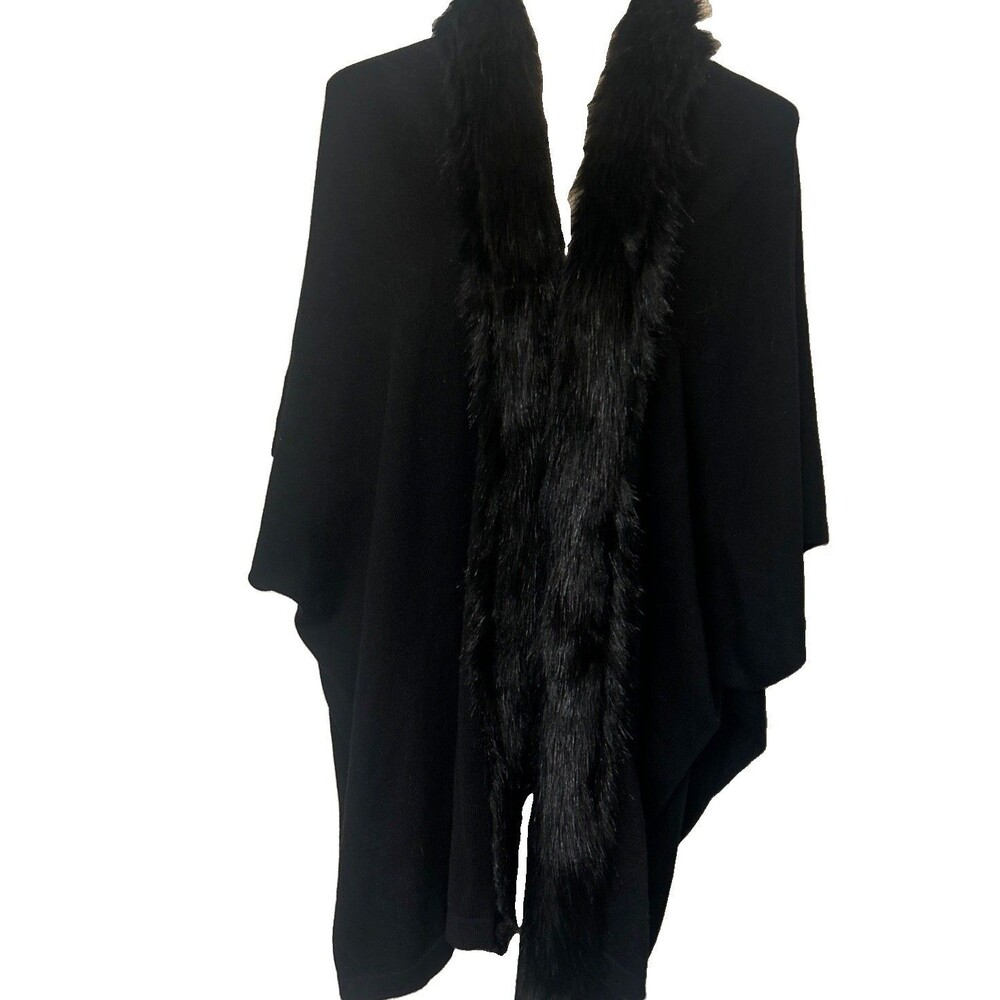 Chico's Cape Poncho Wrap Black Faux Fur Trim Cotton Blend Knit One Size